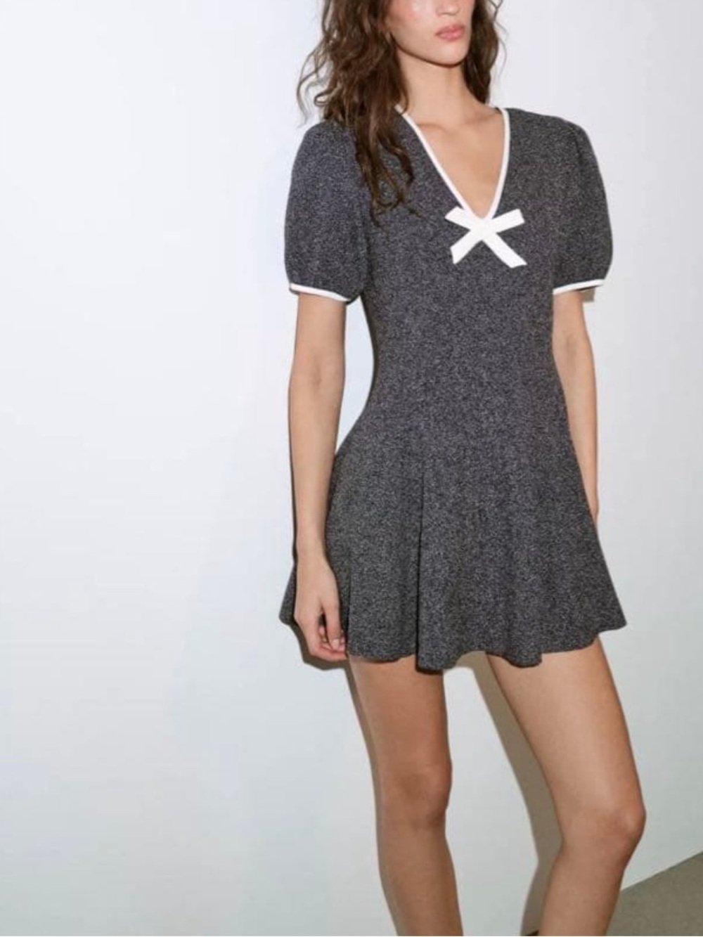 Zara Charcoal Knit V-Neck Puff Sleeve Dress with White Trim